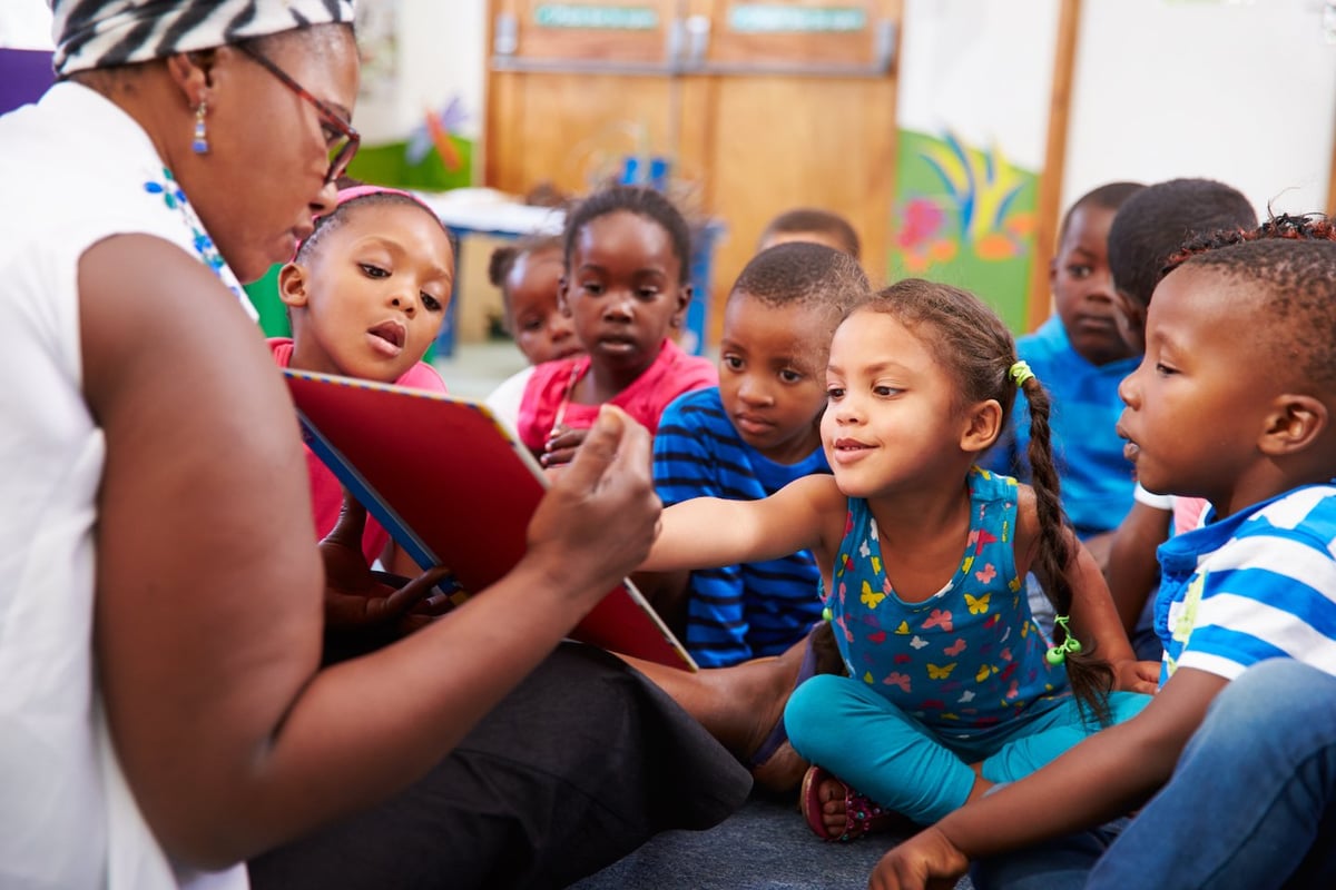 Childcare teacher reading aloud to students